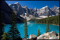 Wenkchemna Peaks above turquoise colored Moraine Lake , mid-morning. Banff National Park, Canadian Rockies, Alberta, Canada ( color)