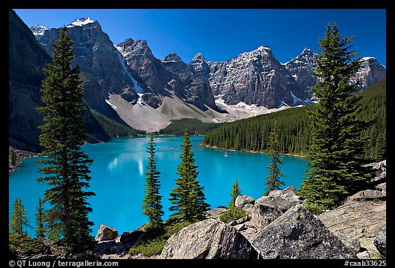 Wenkchemna Peaks above Moraine Lake , mid-morning. Banff National Park, Canadian Rockies, Alberta, Canada (color)