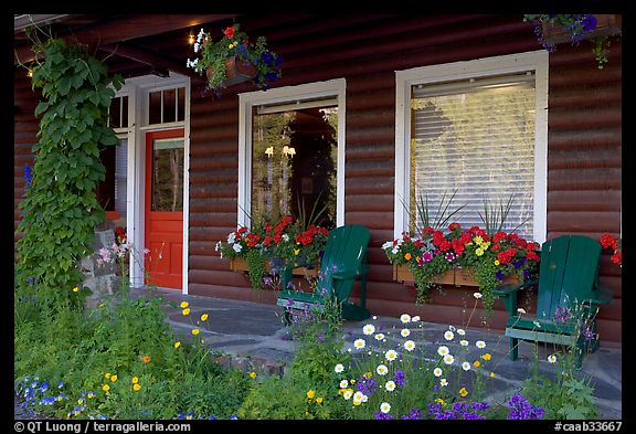 Porch of a cabin with flowers. Banff National Park, Canadian Rockies, Alberta, Canada