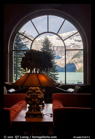 Lake Louise seen through a window of Chateau Lake Louise hotel. Banff National Park, Canadian Rockies, Alberta, Canada (color)