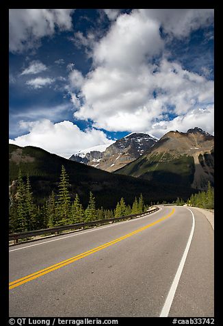Curved Highway, Icefields Parway. Jasper National Park, Canadian Rockies, Alberta, Canada (color)