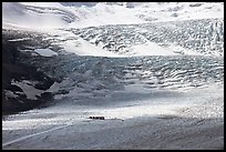 Distant view of snowcoaches parked at the base of the lower icefall on the Athabasca Glacier. Jasper National Park, Canadian Rockies, Alberta, Canada ( color)