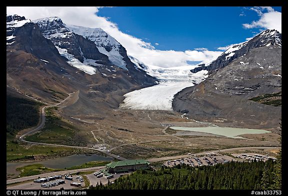 Icefields Center and Athabasca Glacier flowing from Columbia Icefields. Jasper National Park, Canadian Rockies, Alberta, Canada (color)