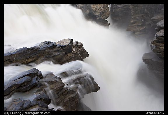 Water flowing over Gog quartzite in Athabasca Falls. Jasper National Park, Canadian Rockies, Alberta, Canada