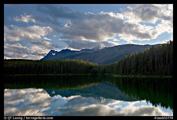 Peaks and clouds reflected in Leach Lake, sunset. Jasper National Park, Canadian Rockies, Alberta, Canada