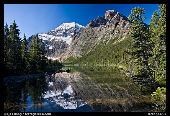 Mt Edith Cavell and  Cavell Lake from the footbrige, early morning. Jasper National Park, Canadian Rockies, Alberta, Canada (color)