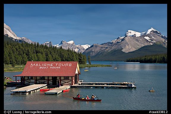 Maligne Lake and boat house. Jasper National Park, Canadian Rockies, Alberta, Canada (color)