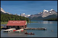 Maligne Lake and boat house. Jasper National Park, Canadian Rockies, Alberta, Canada (color)
