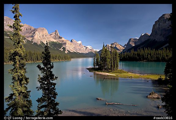 Tiny island with evergreens on  Maligne Lake, afternoon. Jasper National Park, Canadian Rockies, Alberta, Canada (color)
