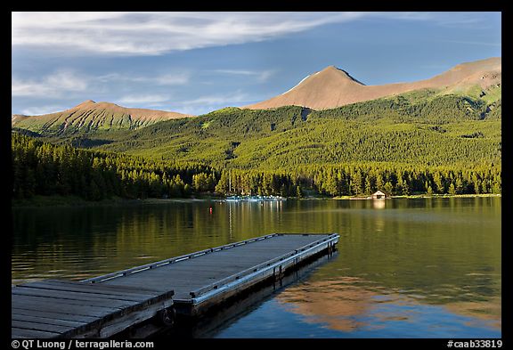 Dock, Maligne Lake, and Bald Hills, late afternoon. Jasper National Park, Canadian Rockies, Alberta, Canada (color)
