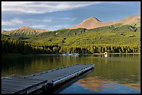 Dock, Maligne Lake, and Bald Hills, late afternoon. Jasper National Park, Canadian Rockies, Alberta, Canada