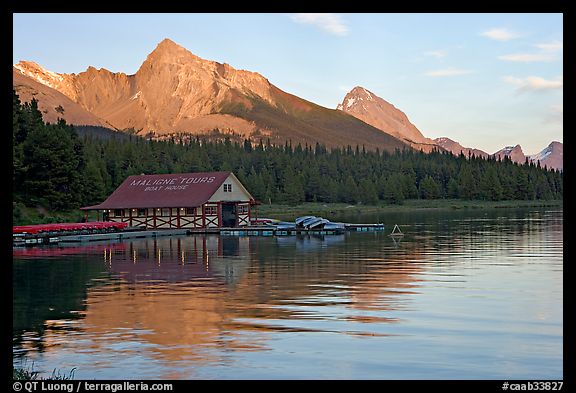 Maligne Lake Boathouse,  Leh and Samson peaks, sunset. Jasper National Park, Canadian Rockies, Alberta, Canada (color)
