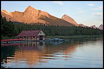 Maligne Lake Boathouse,  Leh and Samson peaks, sunset. Jasper National Park, Canadian Rockies, Alberta, Canada (color)