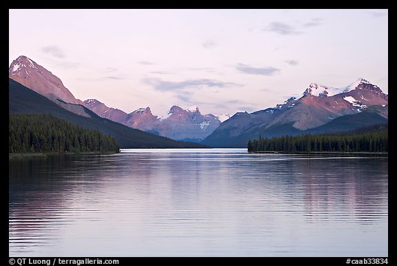 Maligne Lake, the largest in the Canadian Rockies, sunset. Jasper National Park, Canadian Rockies, Alberta, Canada