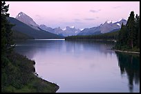 Maligne River outlet and Maligne Lake, sunset. Jasper National Park, Canadian Rockies, Alberta, Canada ( color)