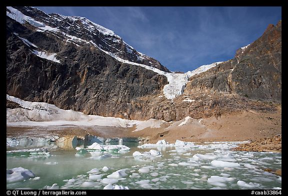 Cavell Pond and glaciers  at the base of Mt Edith Cavell, early morning. Jasper National Park, Canadian Rockies, Alberta, Canada (color)
