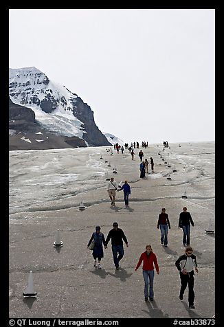 Tourists descending Athabasca Glacier. Jasper National Park, Canadian Rockies, Alberta, Canada