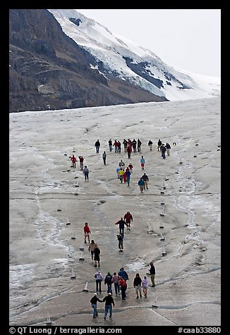 People in delimited area at the toe of Athabasca Glacier. Jasper National Park, Canadian Rockies, Alberta, Canada (color)