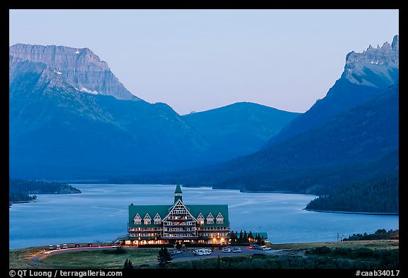 Prince of Wales hotel and upper Waterton Lake, dusk. Waterton Lakes National Park, Alberta, Canada (color)