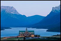 Prince of Wales hotel and upper Waterton Lake, dusk. Waterton Lakes National Park, Alberta, Canada