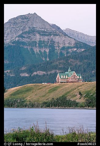 Prince of Wales hotel, lake and mountain, dawn. Waterton Lakes National Park, Alberta, Canada