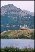 Prince of Wales hotel, lake and mountain, dawn. Waterton Lakes National Park, Alberta, Canada ( color)
