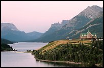 Waterton Lakes and Prince of Wales hotel, dawn. Waterton Lakes National Park, Alberta, Canada
