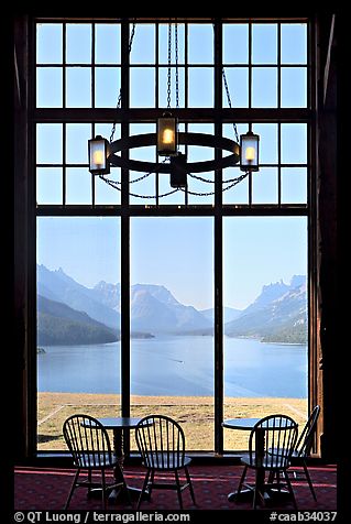 Waterton Lake seen though the immense picture windows of Prince of Wales hotel. Waterton Lakes National Park, Alberta, Canada (color)