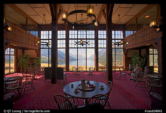 Table with view in lobby of Prince of Wales hotel. Waterton Lakes National Park, Alberta, Canada