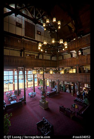 Lobby and chandelier of historic Prince of Wales hotel. Waterton Lakes National Park, Alberta, Canada