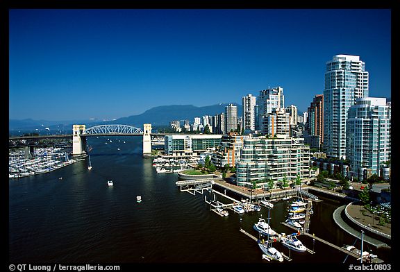 Burrard Bridge, harbor, and high-rise residential buildings. Vancouver, British Columbia, Canada
