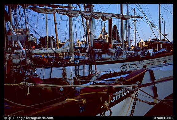 Sailboats with lights of the legislature appearing between masts. Victoria, British Columbia, Canada (color)