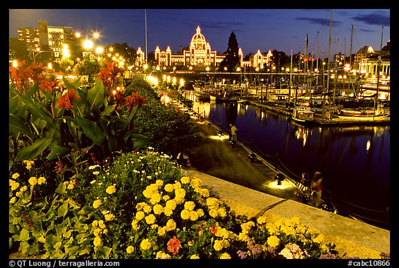 Flowers, inner harbour, and lights at night. Victoria, British Columbia, Canada (color)