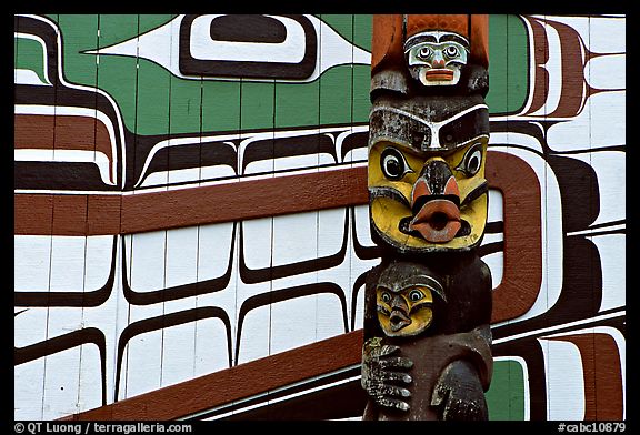Totem and motif painted on the wall of carving studio. Victoria, British Columbia, Canada