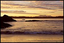 Marine landscape with a small boat in a distance, sunset. Pacific Rim National Park, Vancouver Island, British Columbia, Canada ( color)