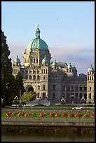 Legistlative buildings and Victoria written in flowers, morning. Victoria, British Columbia, Canada ( color)
