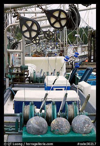 Fishing equipment on boat, Uclulet. Vancouver Island, British Columbia, Canada (color)