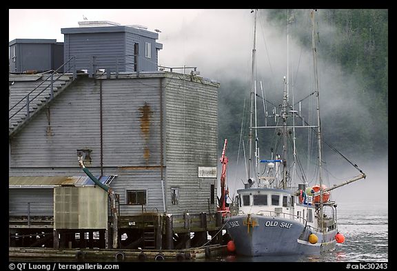 Commercial fishing boat next to a fishery, Tofino. Vancouver Island, British Columbia, Canada (color)