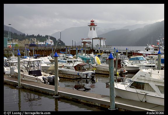 Yachts, harbour and lighthouse, Port Alberni. Vancouver Island, British Columbia, Canada (color)