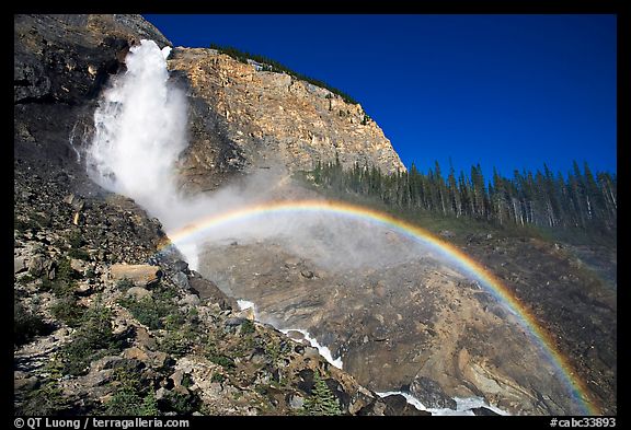 Rainbow at the base of Takakkaw Falls, late afternoon. Yoho National Park, Canadian Rockies, British Columbia, Canada