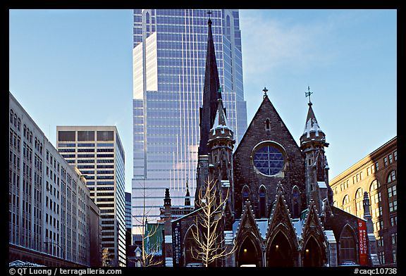 Church and modern buildings, Montreal. Quebec, Canada (color)