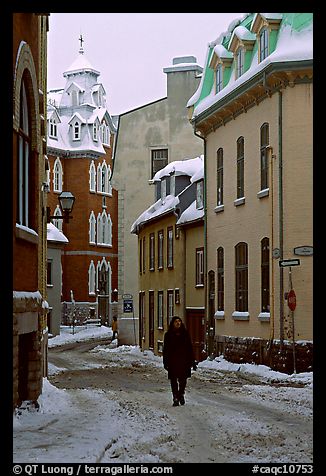 Man walking in a street in winter, Quebec City. Quebec, Canada