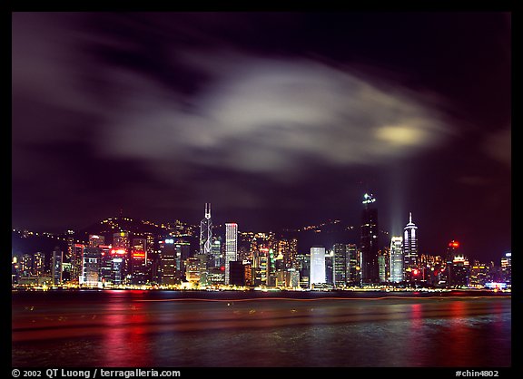 Hong-Kong Island skyline from the waterfront promenade by night. Hong-Kong, China (color)