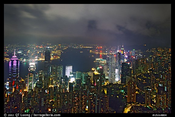 City lights from Victoria Peak by night. Hong-Kong, China