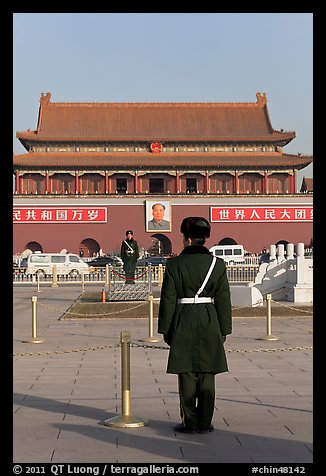 Gate of Heavenly Peace and guards, Tiananmen Square. Beijing, China