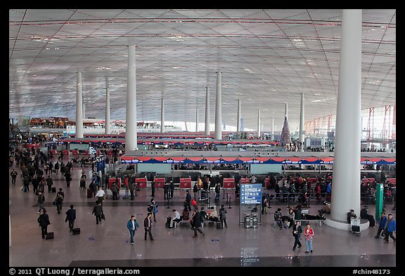 Interior of Norman Foster designed terminal 3, International Airport. Beijing, China (color)