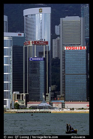 Small boat with a backdrop of skycrapers of Hong-Kong Island. Hong-Kong, China