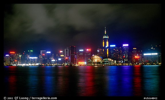 Colorful reflections of Hong-Kong Island lights across the harbor by night. Hong-Kong, China (color)