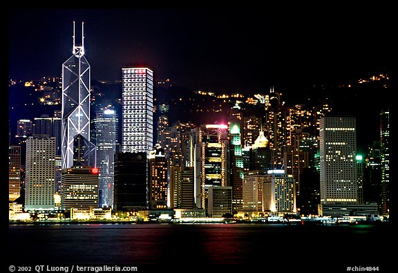Hong-Kong skycrapers by harbor at night. Hong-Kong, China