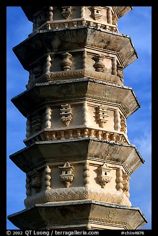 Detail of one of the two 10-tiered pagodas flanking Quianxun Pagoda. Dali, Yunnan, China